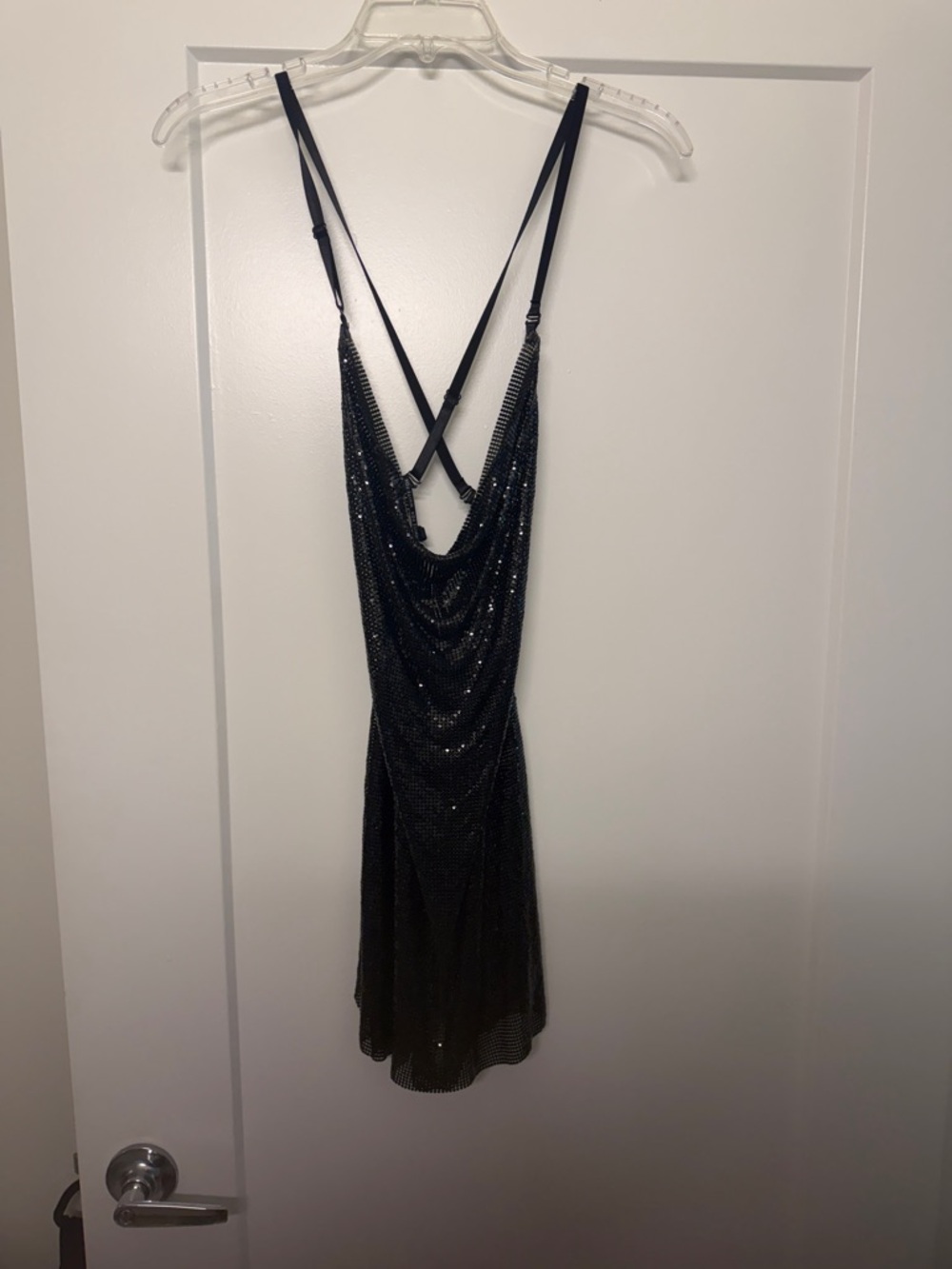 White Fox Boutique Black Sequin Cowl-Back Mini Dress